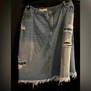 Denim distressed knee length skirt